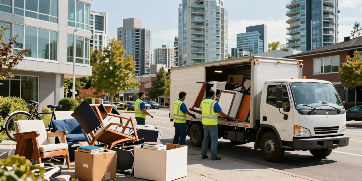 Affordable Junk Removal Vancouver team loading junk into a truck in vibrant urban setting.