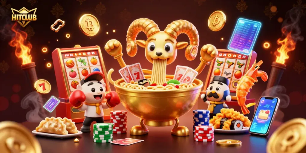 HITCLUB unleashes excitement with a dynamic casino scene featuring a golden ramen bowl and engaging characters.
