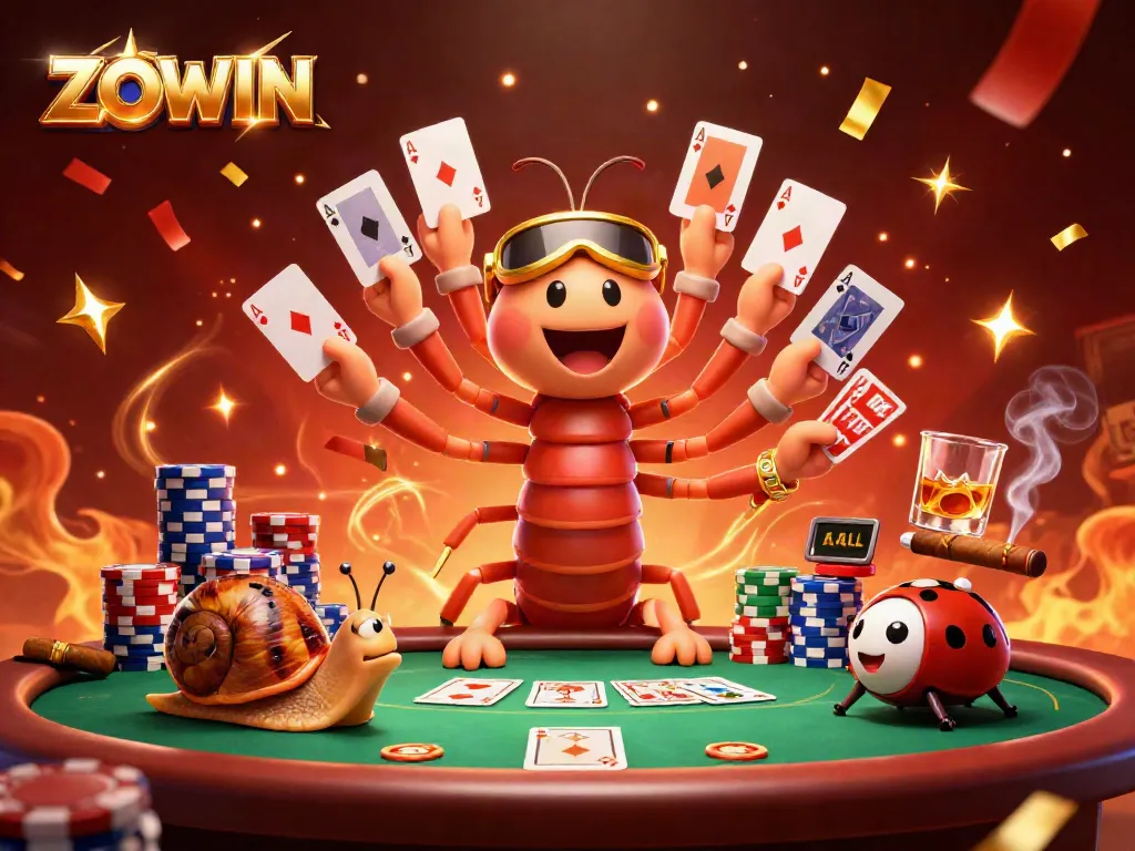 ZOWIN casino scene featuring a millipede dealer and vibrant poker elements for thrilling gameplay.