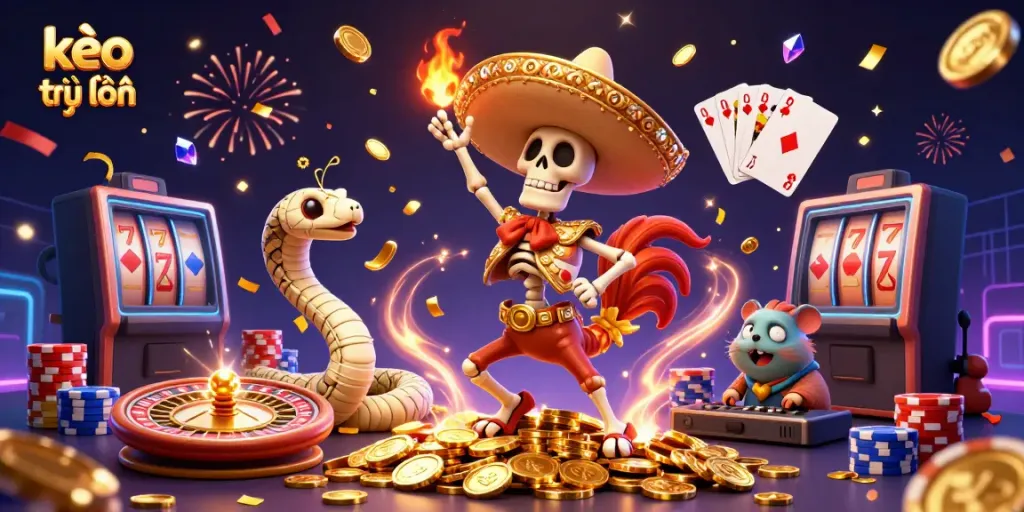 Engage in kèo trực tuyến excitement with a vibrant dance of characters amidst cascading coins and gems.