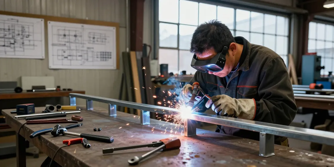 Custom metalwork Vancouver artisan welding steel railing in workshop.