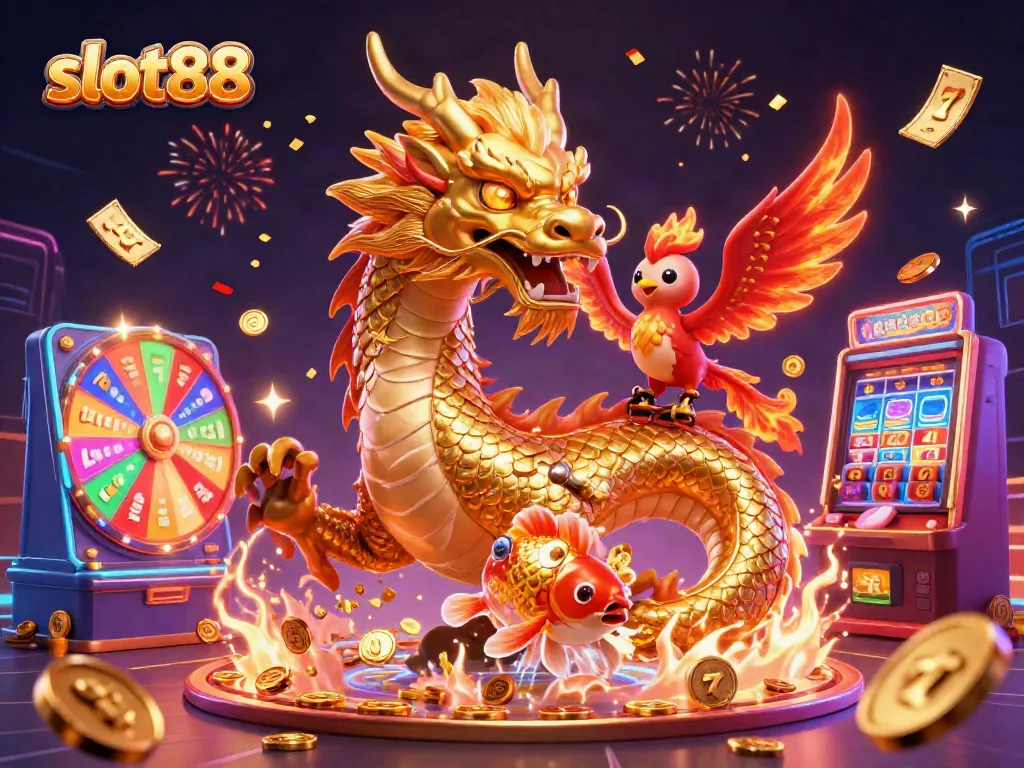 Experience thrilling gameplay at slot88 with vibrant golden dragon and enchanting phoenix amidst exciting jackpot elements.