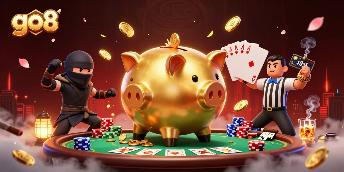 Winning big at go8 with a massive golden piggy bank sumo wrestler amidst poker excitement.