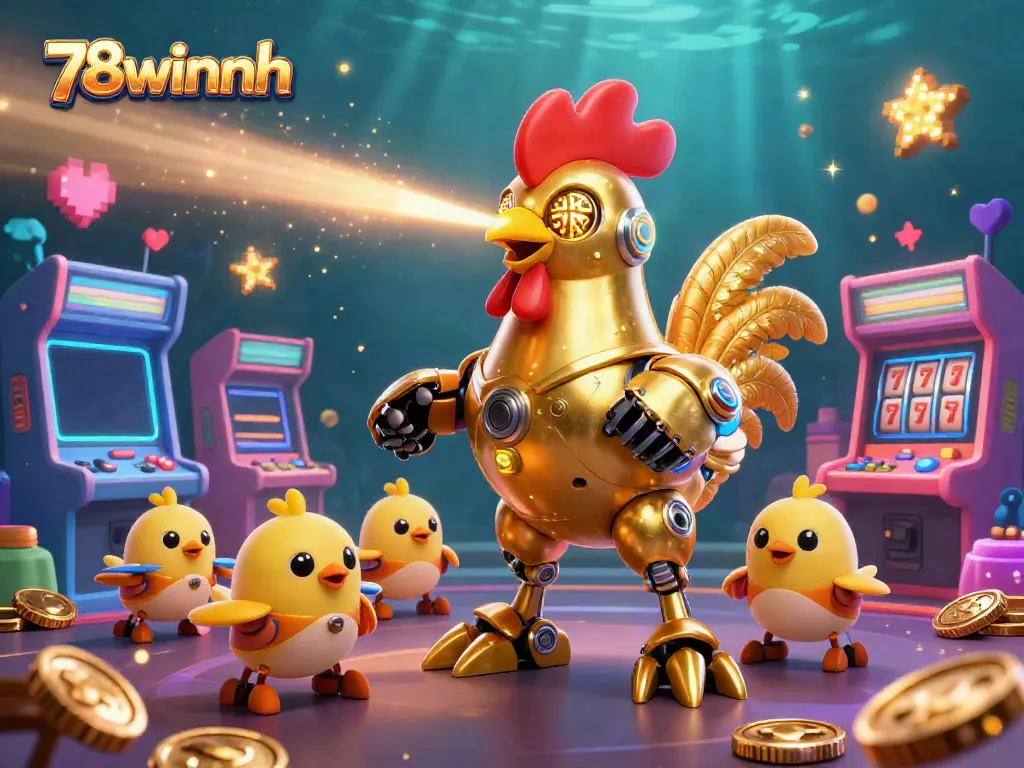 Engage with the vibrant casino adventure at 78winnh featuring a golden rooster robot in a dynamic gaming scene.