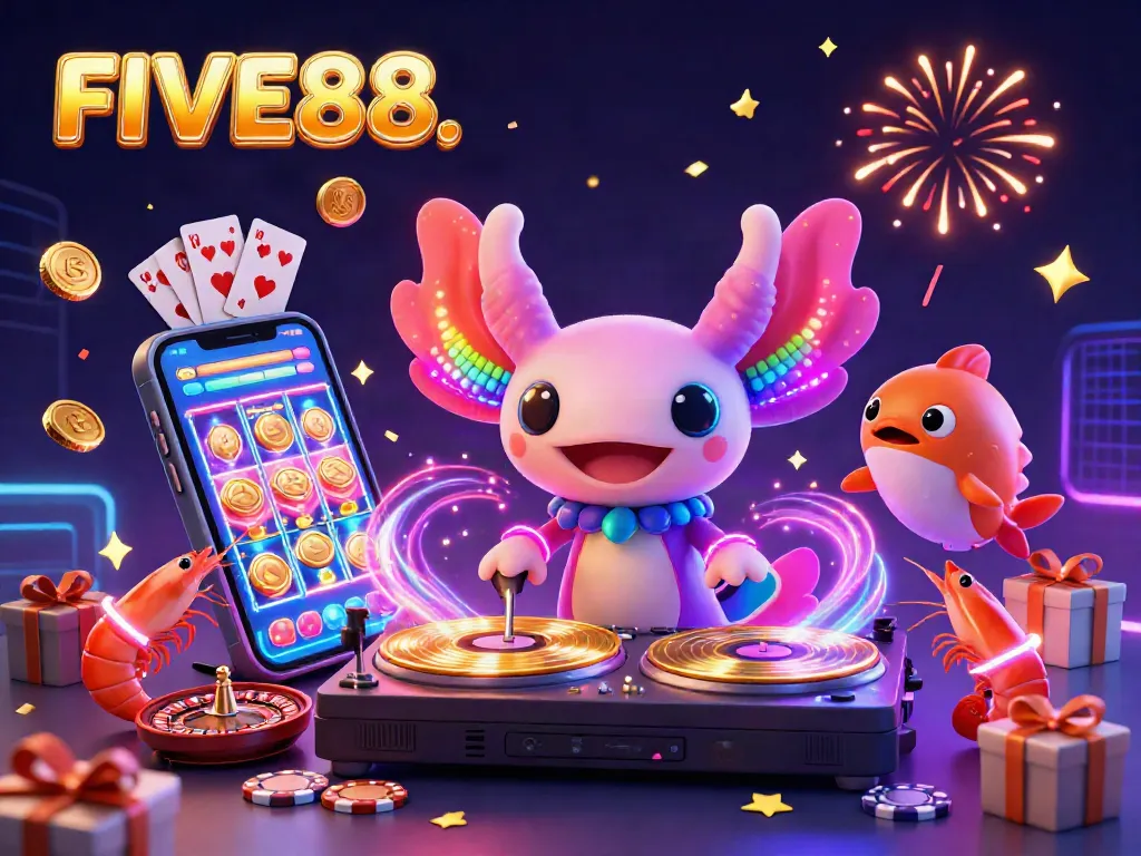 Experience FIVE88's vibrant casino scene with a neon axolotl DJ and lively shrimp at play.