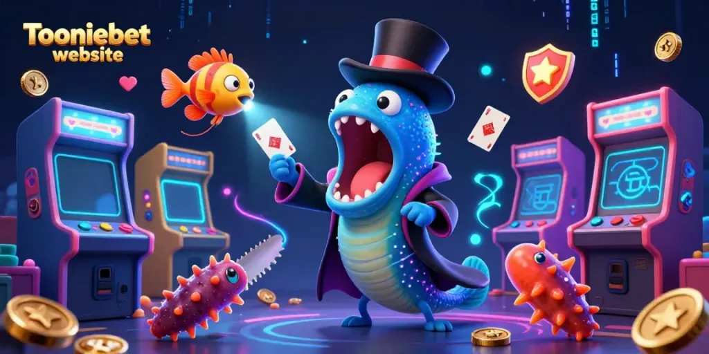 Engage with the Tooniebet website through a vibrant 3D casino-themed illustration depicting magical sea creatures showcasing their skills.