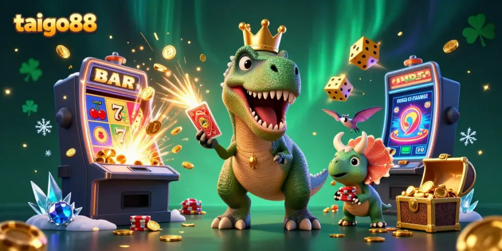 Engage with thrilling taigo88 gaming experiences as T-Rex plays cards with chip-stacking triceratops.