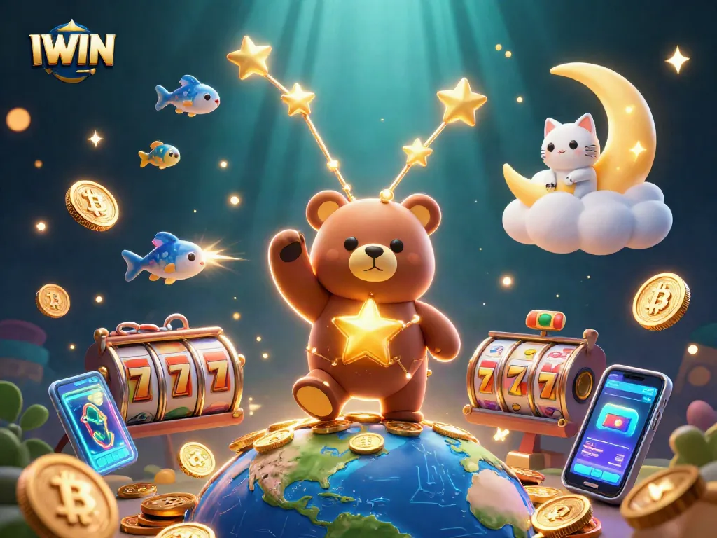 IWIN slots and jackpots come alive in a vibrant illustration with a constellation bear scooping coins.