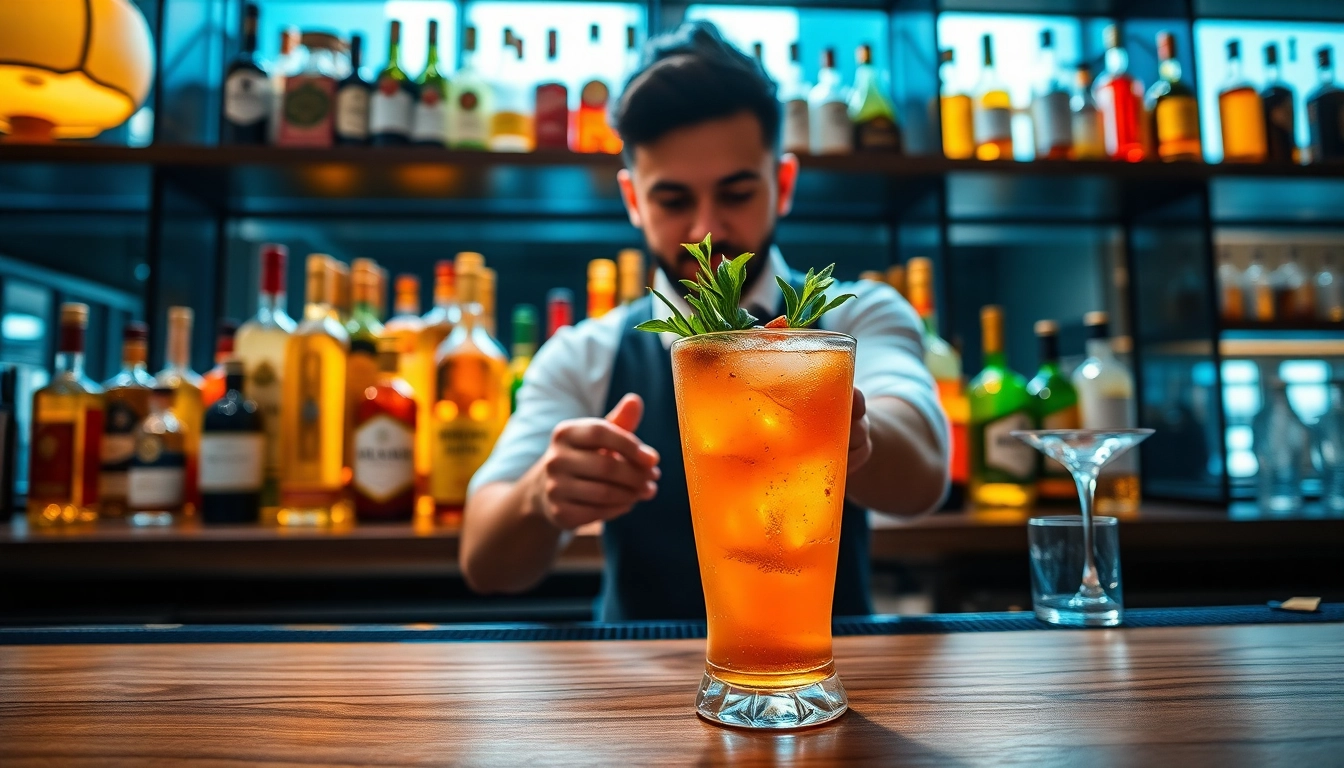 Order alcohol delivery Toronto with fresh cocktails prepared by a skilled bartender in an inviting bar.