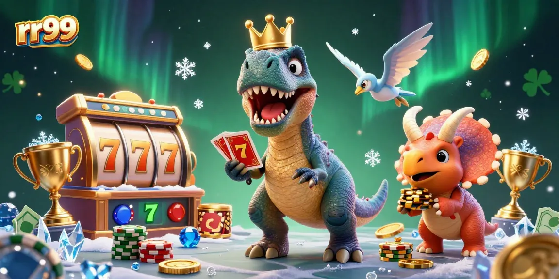 Experience thrilling rr99 adventures with a T-Rex, pterodactyl, and triceratops in a vibrant casino