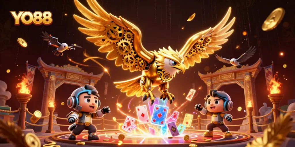 Experience the thrilling excitement of YO88 with a stunning 3D illustration featuring an eagle and holographic cards.