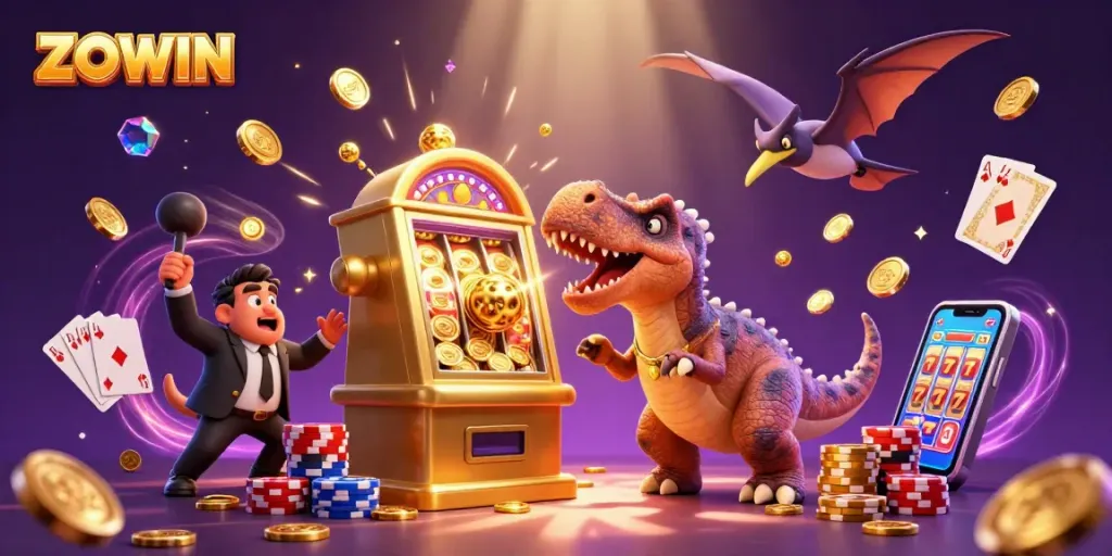 ZOWIN casino celebration with dinosaurs headbutting a slot machine and catching coins.