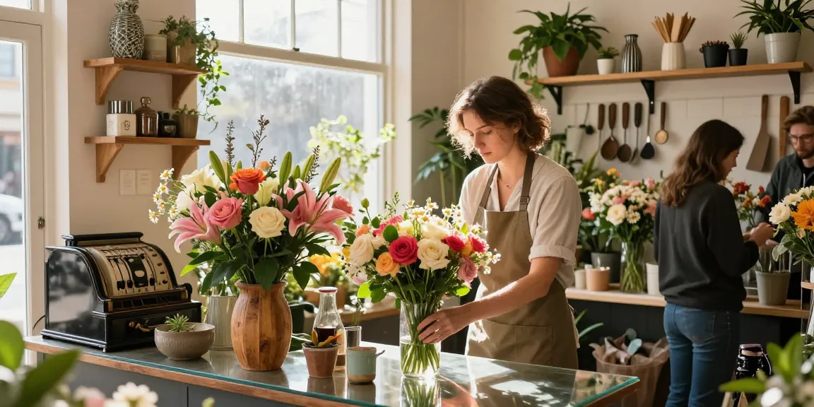 Flower shop Gibbons displaying vibrant bouquets and a welcoming atmosphere with a florist arranging flowers.