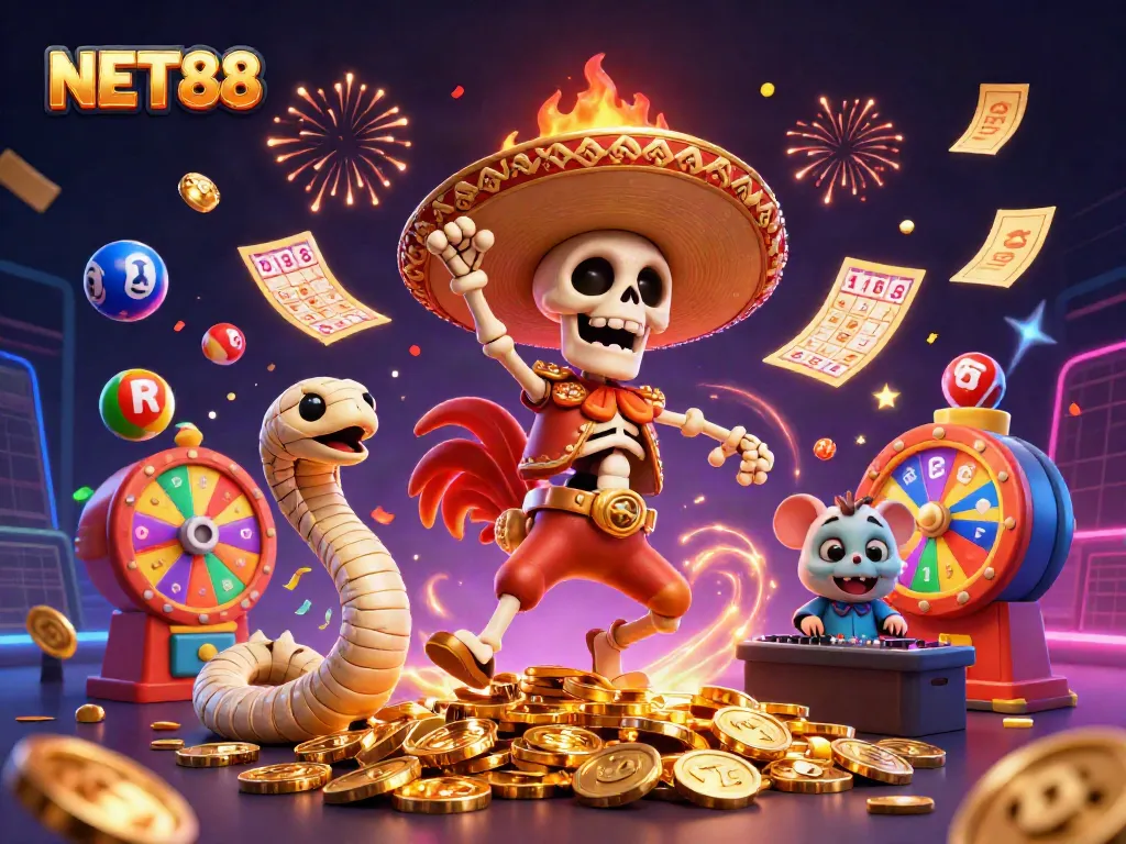 NET88 celebrates with a vibrant 3D cartoon scene of a skeleton mariachi rooster dancing on golden coins.