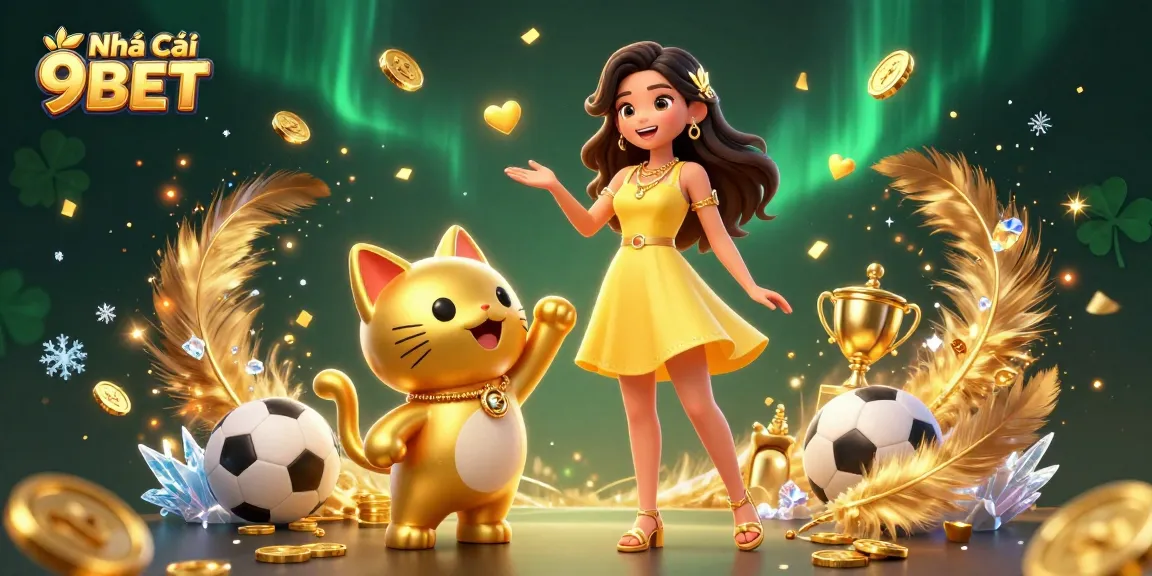 Engage with Nhà Cái 9BET's vibrant betting scene featuring sports trophies and coins.