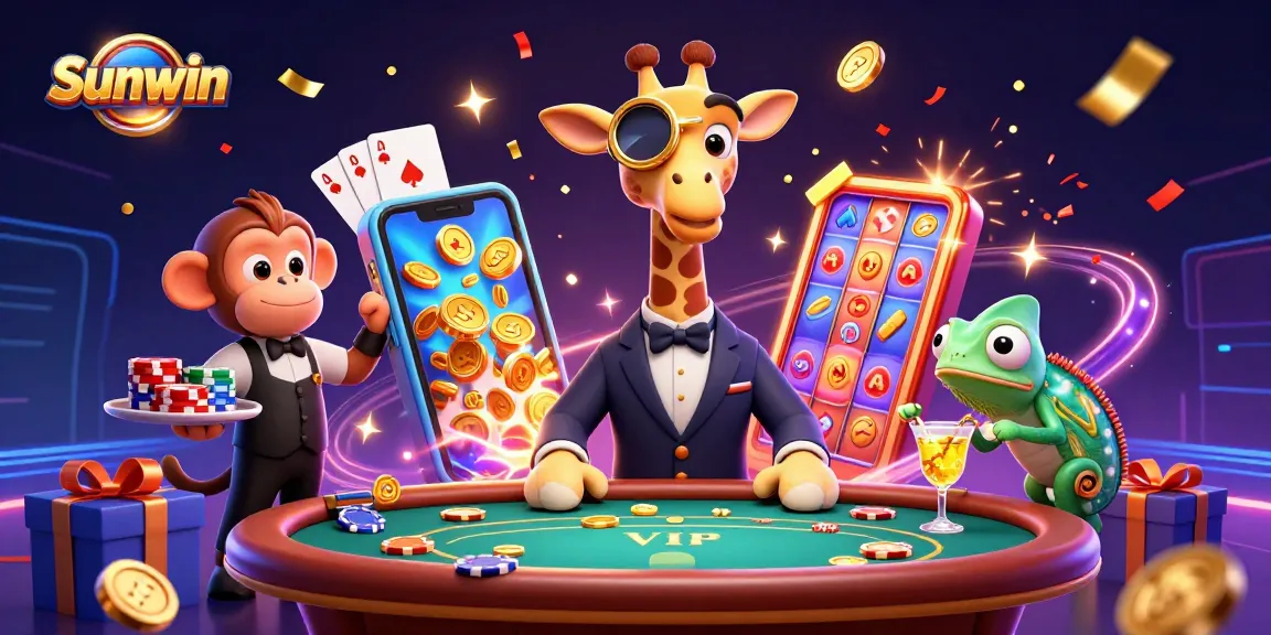 Experience the excitement of Sunwin with a high-roller giraffe at the poker table surrounded by vibrant casino elements.