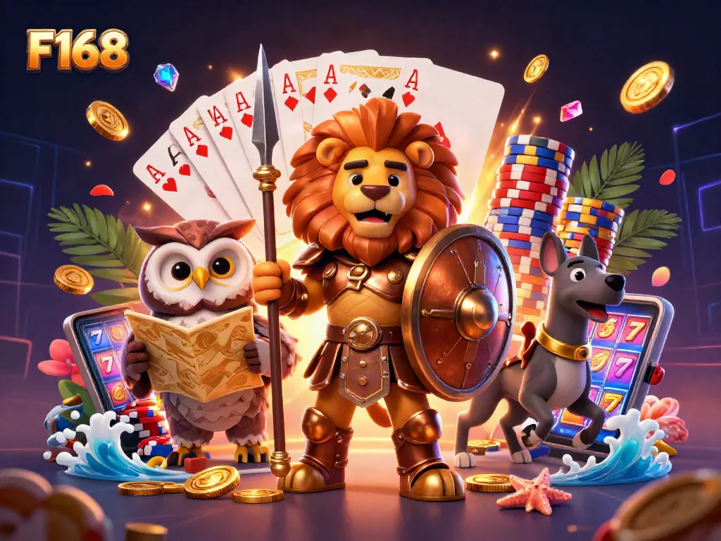 Win big with F168 as a lion warrior leads a casino treasure hunt.