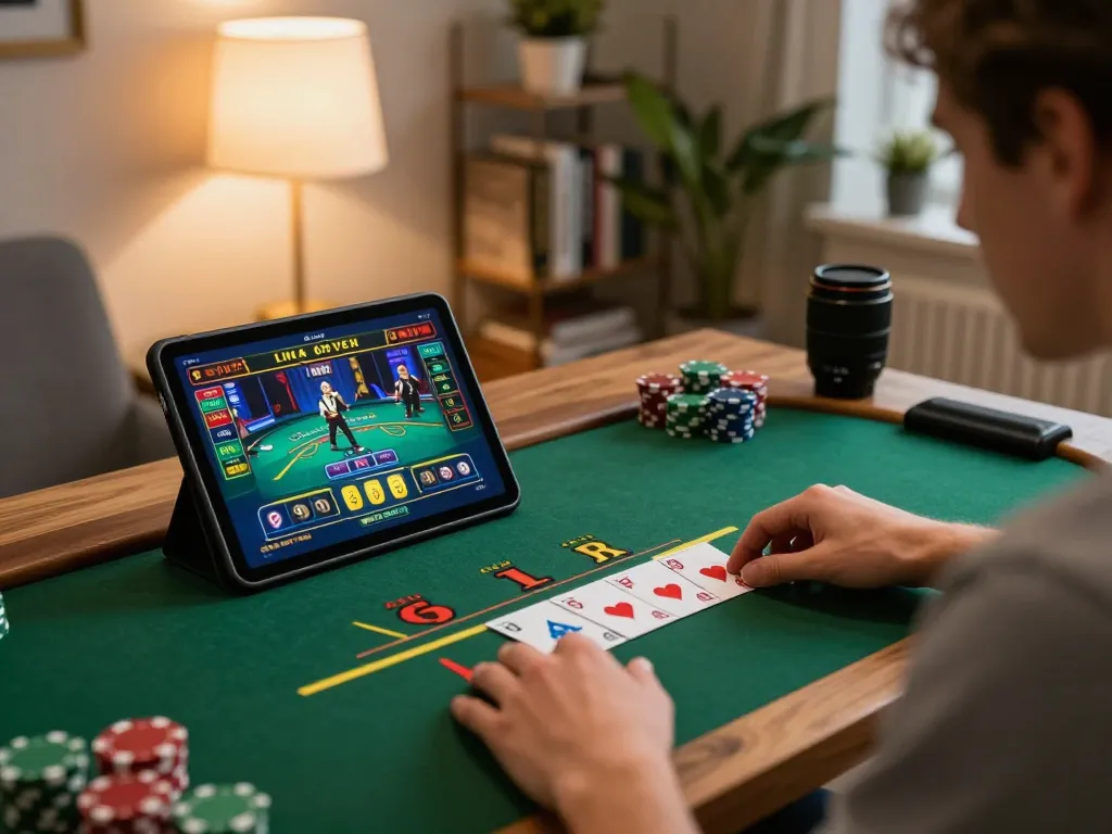 Experience live dealer blackjack gameplay with Lu 88 on a tablet in a cozy home setting