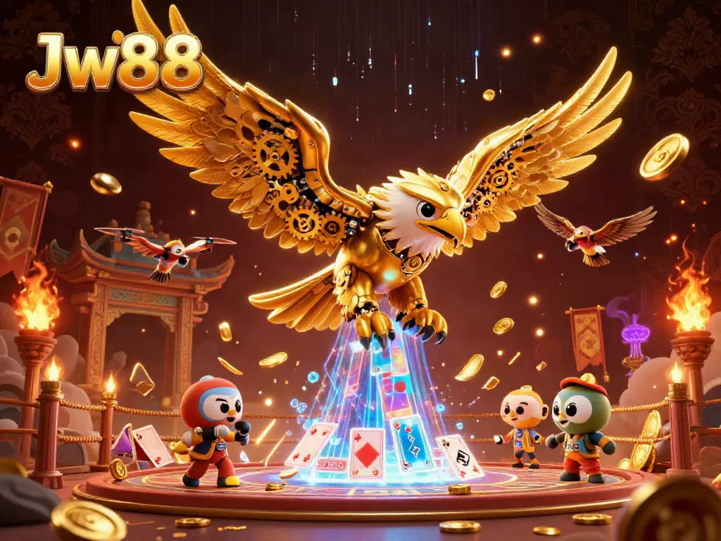 Experience thrilling action with Jw88's vibrant 3D illustration featuring a golden eagle amidst holographic cards and casino elements.