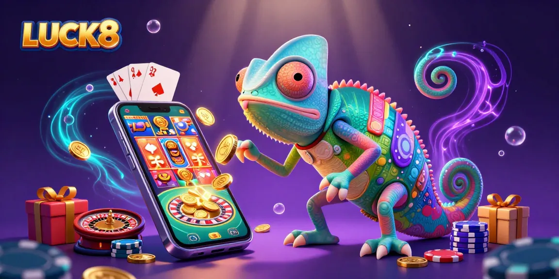 LUCK8 casino owner chameleon snaps golden coins while surrounded by vibrant gambling elements.
