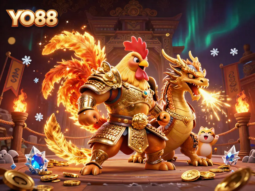 Experience the thrill of YO88 in this dynamic casino scene featuring legendary warriors and golden treasures.