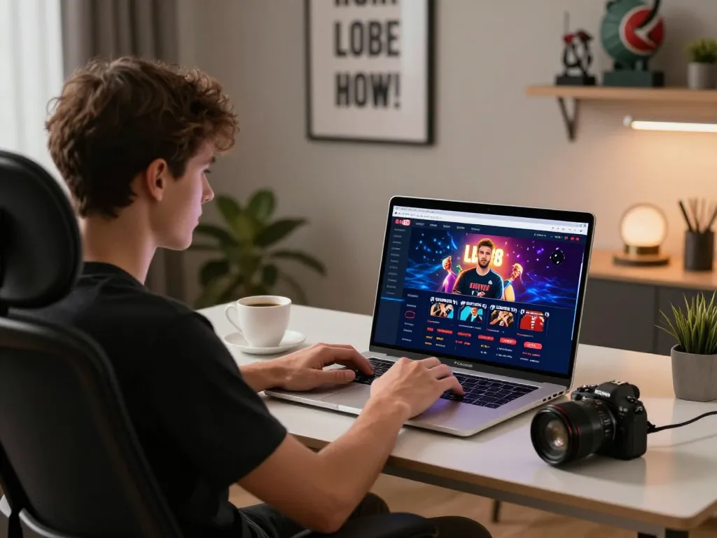 Player engaging with the LU88 casino platform on a laptop in a modern home office