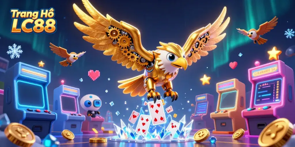 Experience the excitement of Trang Chủ LC88 with vibrant casino elements and a cybernetic eagle in a dynamic scene.