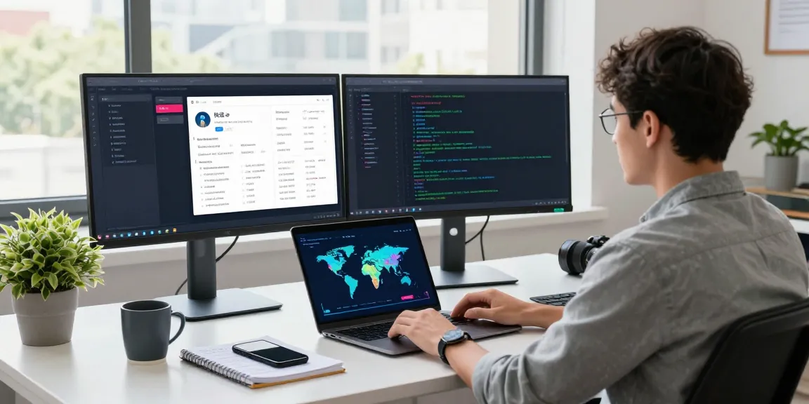 Developer optimizing the 快连 VPN application in a modern office setting, showcasing advanced network performance metrics.