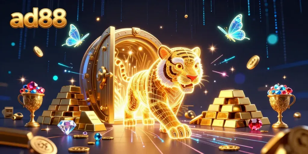 Engage with ad88's vibrant casino world, featuring a golden tiger amidst treasures and holographic butterflies.