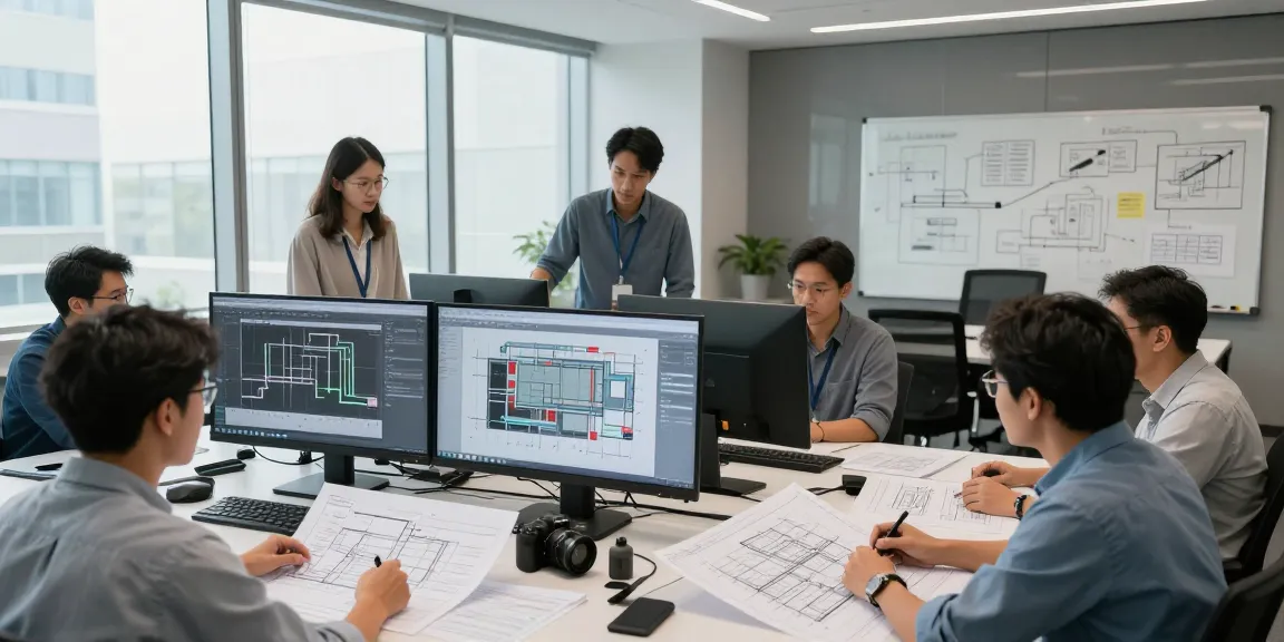 Team of industrial engineering consultants collaborating on advanced projects in a modern office, showcasing expertise in Industrial Engineering Consultant North America.