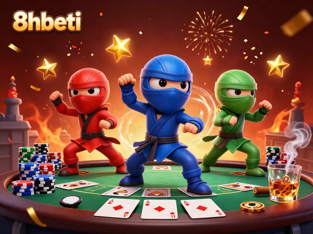 Engage with 8xbeti's vibrant casino atmosphere featuring ninja chameleons and poker elements.