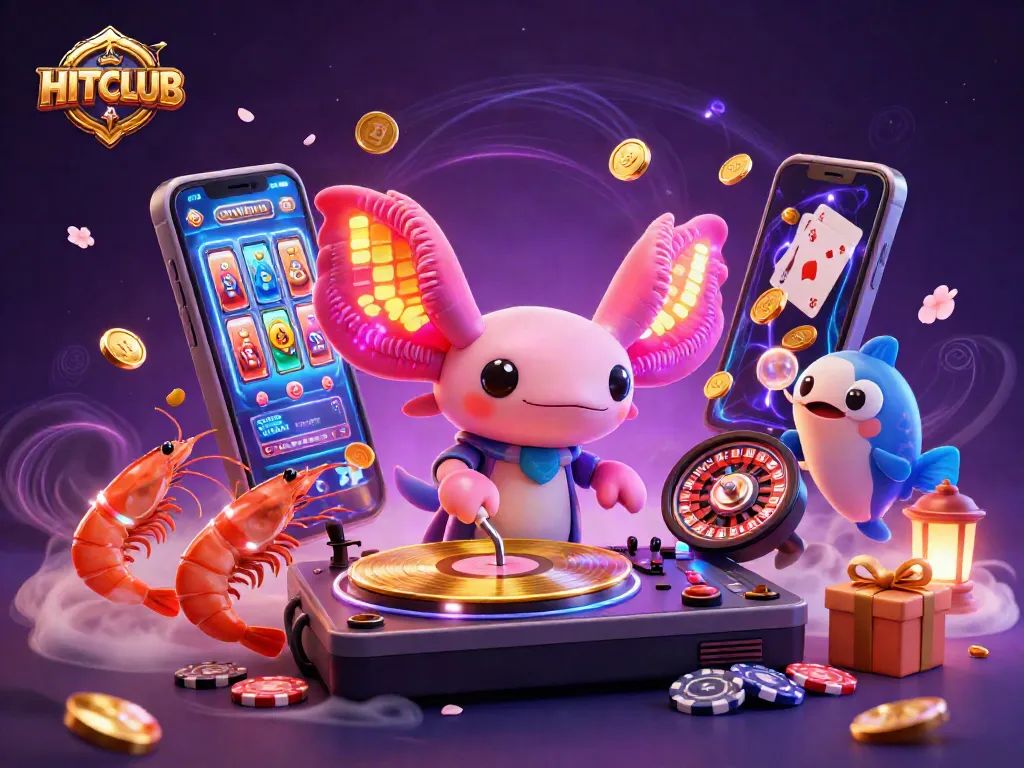 Experience the HITCLUB vibe with a neon-colored axolotl DJ, golden slot games, and vibrant casino-themed elements.