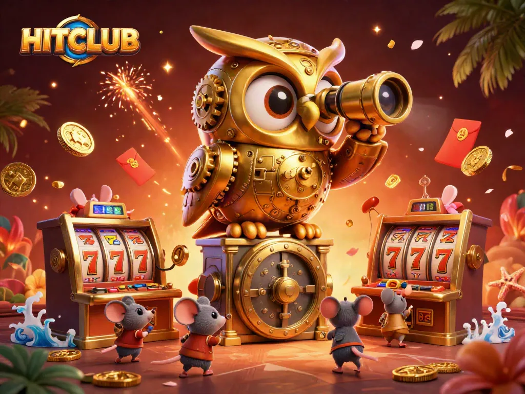 Engage with HITCLUB’s casino magic featuring a dynamic scene of lucky slot machines and characters.