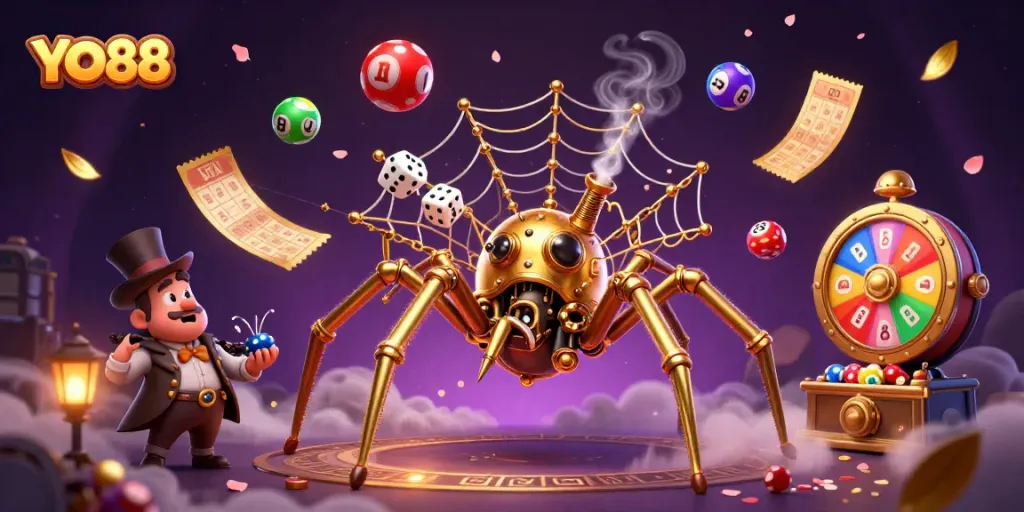 Experience the excitement of YO88 with a dynamic steampunk scene featuring colorful lottery elements.