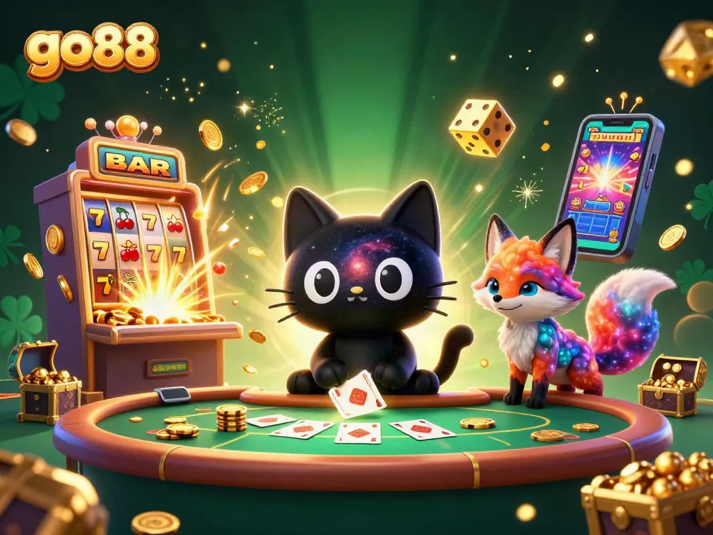 Engage with go88's cosmic casino experience featuring a black hole cat amidst vibrant gaming action.