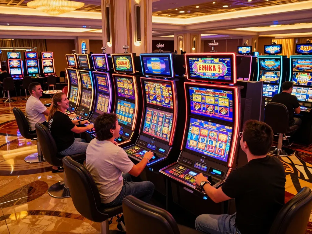 Players enjoying vibrant slot machines at 888b casino, showcasing excitement and engagement.
