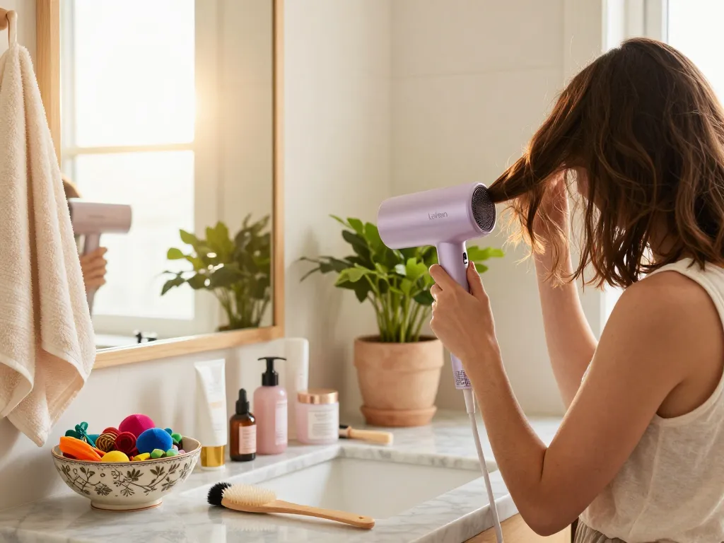 Using a Laifen hair dryer in a bright bathroom setting, enhancing morning grooming routine.