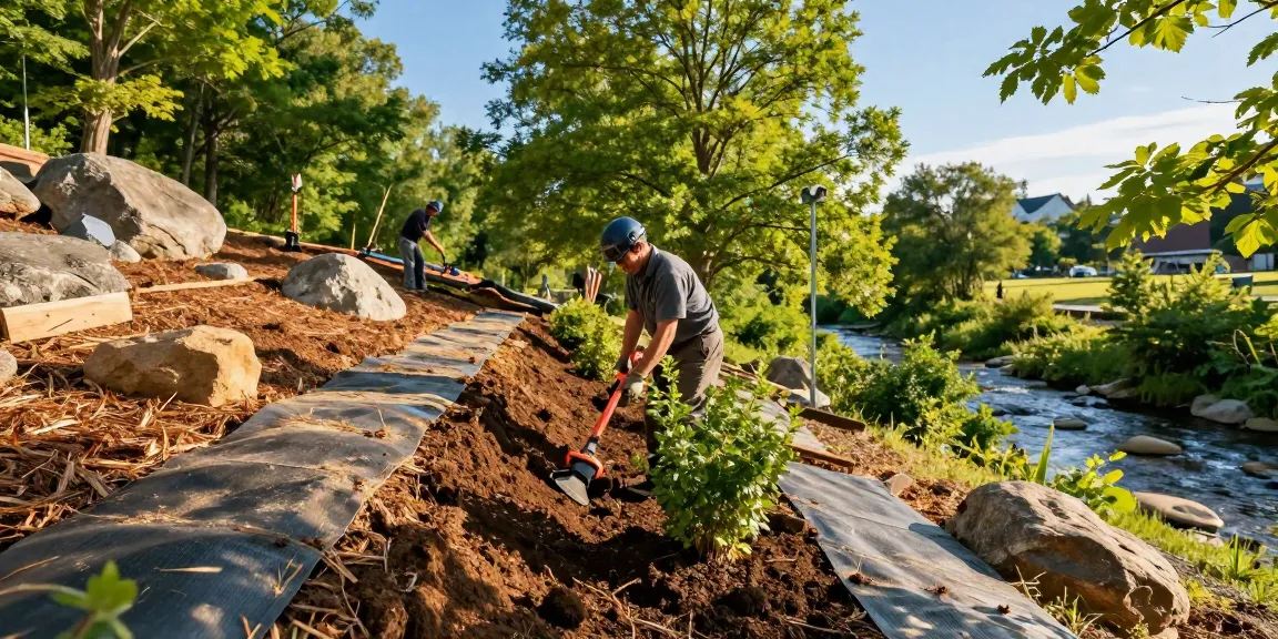 Erosion control Ottawa practices in action, featuring a technician stabilizing soil with biodegradable mats and planting native shrubs.