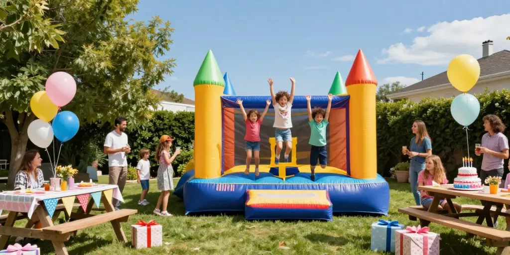 Kids bouncing in a vibrant bounce house at a festive birthday party, showcasing outdoor joy.