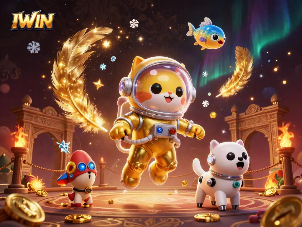 IWIN offers a vibrant gaming universe where players join a space cat and robot in an exciting casino adventure.