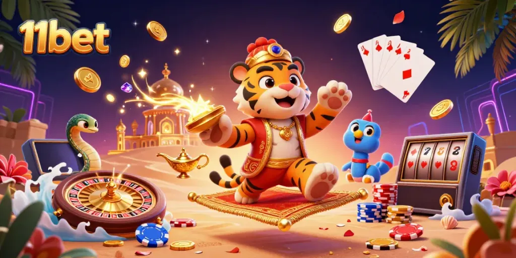 Experience thrilling 11bet gaming with a vibrant Arabian Nights scene featuring a tiger sultan and magical elements.