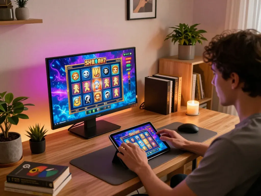 Terlibat dalam sesi permainan mendebarkan di slot88, menampilkan grafik permainan yang cerah dan pengaturan rumah yang nyaman.