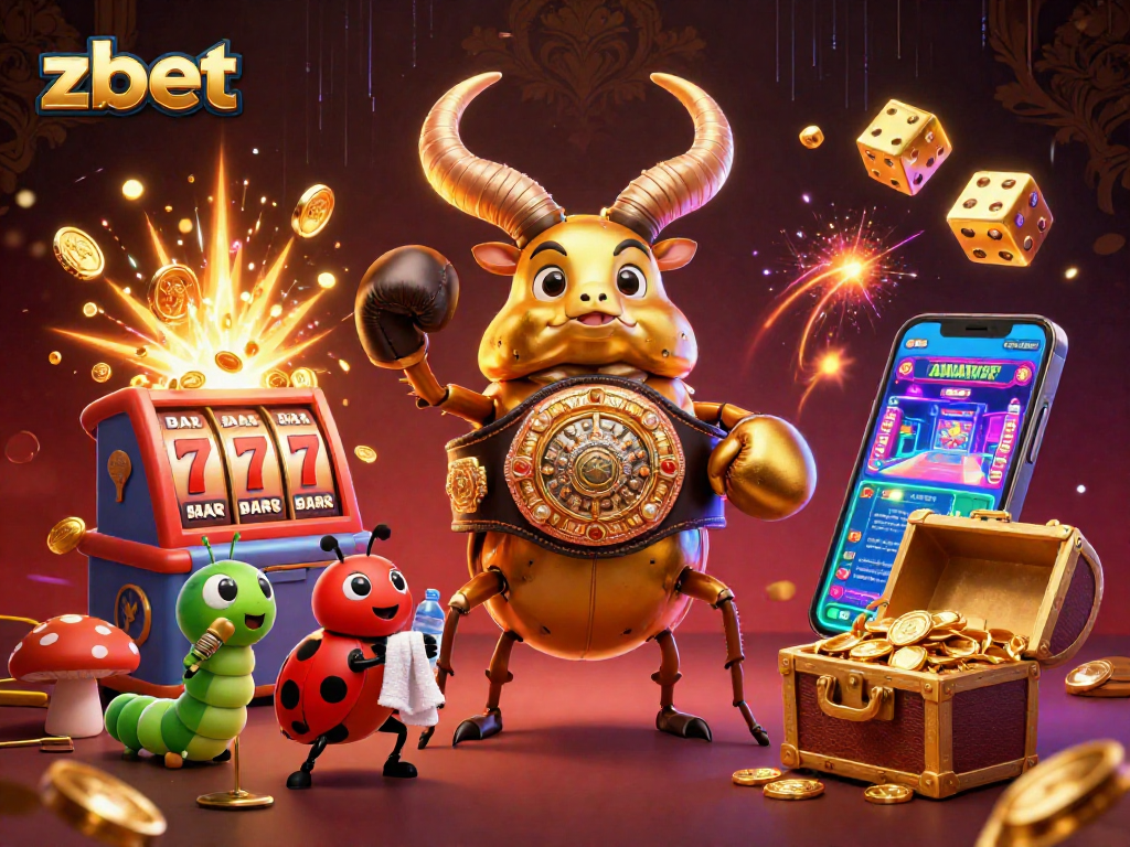 Engage with zbet's dynamic gaming world featuring a cartoon beetle and casino elements.