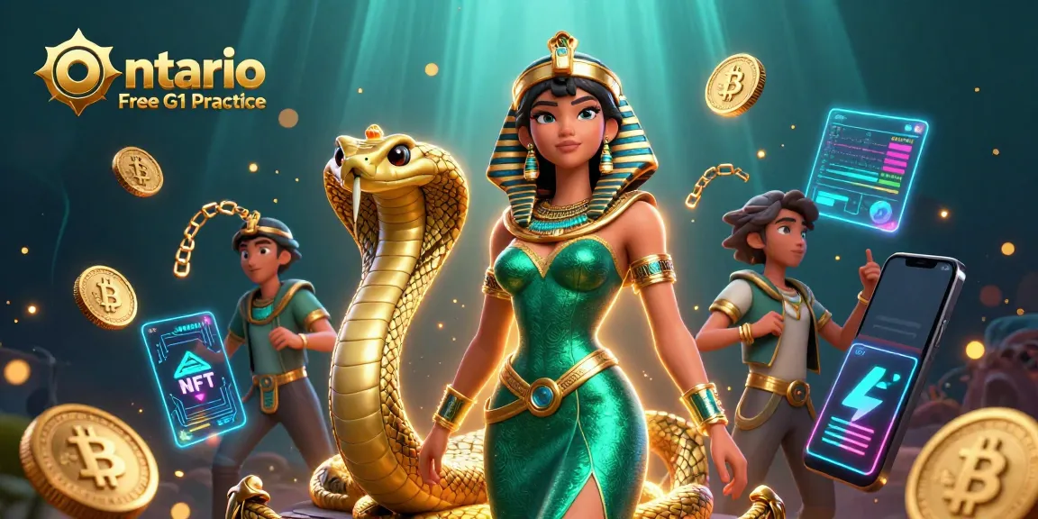 Engage with Ontario Free G1 Practice through a dynamic illustration of a confident woman and her golden cobra partner.
