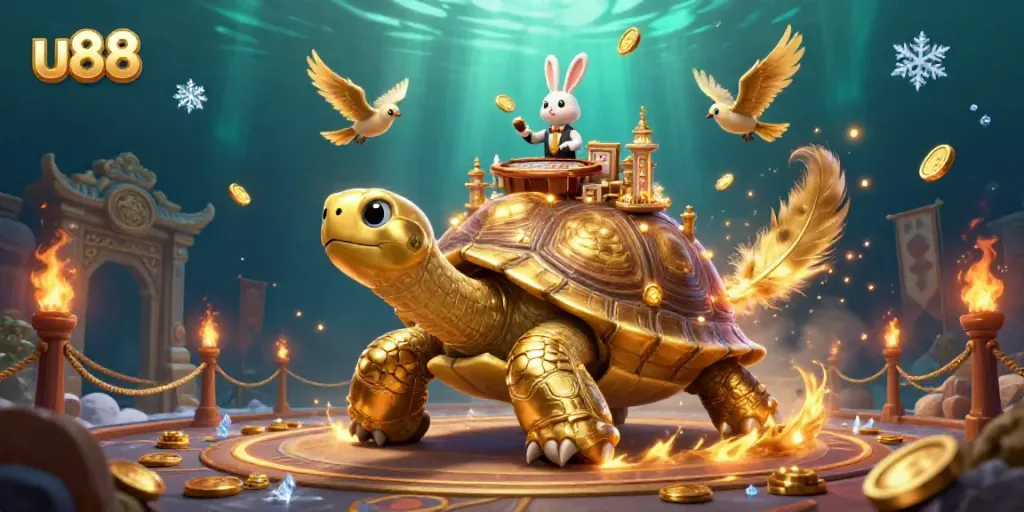 Engage in thrilling gameplay at u88 with a vibrant casino atmosphere featuring a golden tortoise and rabbit dealer.