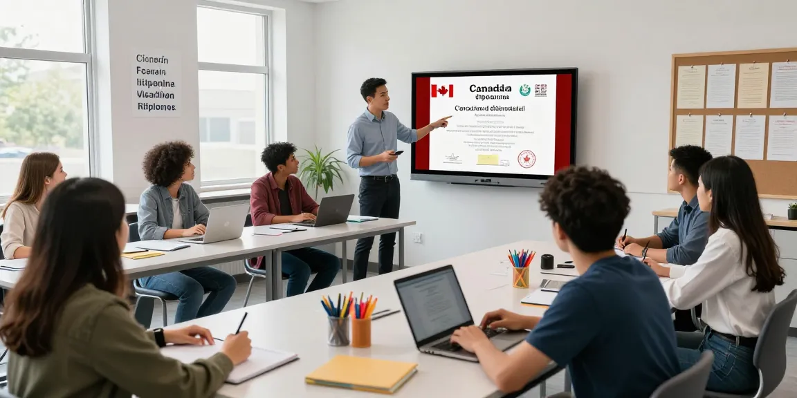 Students exploring custom Canadian diplomas during an interactive classroom session, highlighting design and educational value.