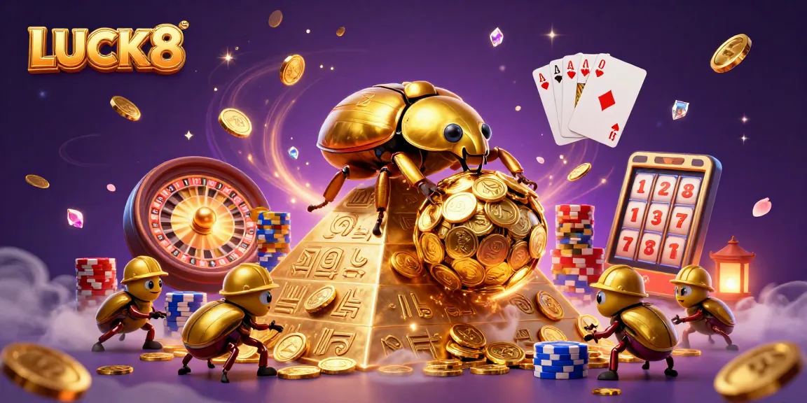 LUCK8 dẫn dắt một đội ngũ hến vàng trong bối cảnh casino rực rỡ với tiền xu và đá quý bay bổng.