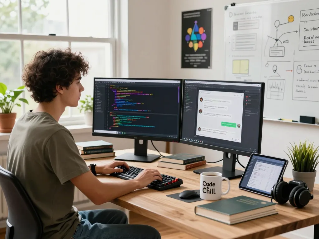 Software developer focused on building crushonai chatbot in a modern tech workspace.