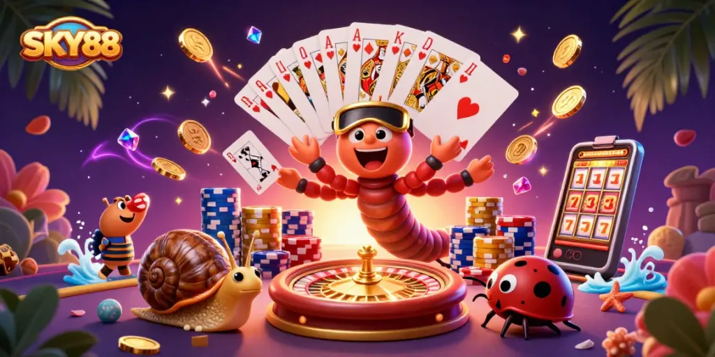 Engage with the exciting world of SKY88 as vibrant characters animate a thrilling casino scene.