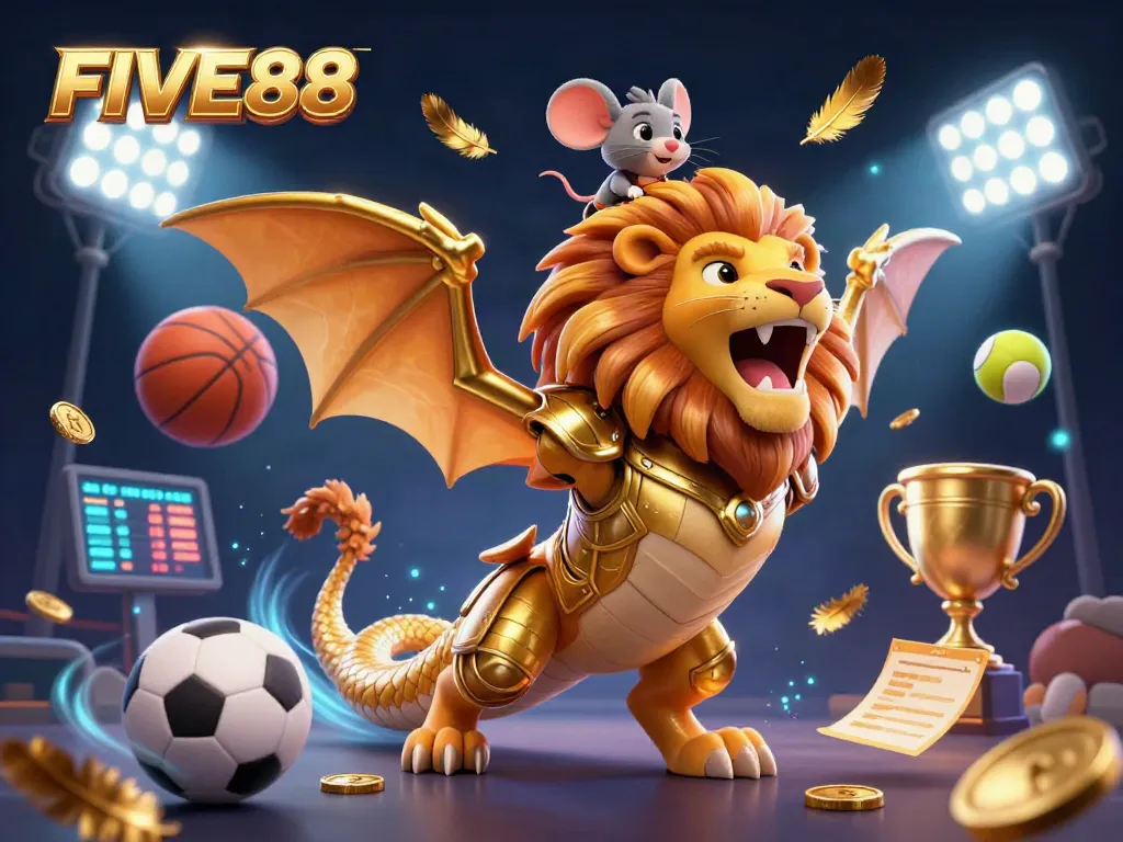 Engage with FIVE88: A triumphant chimera and jockey amidst sports balls and vibrant casino elements.